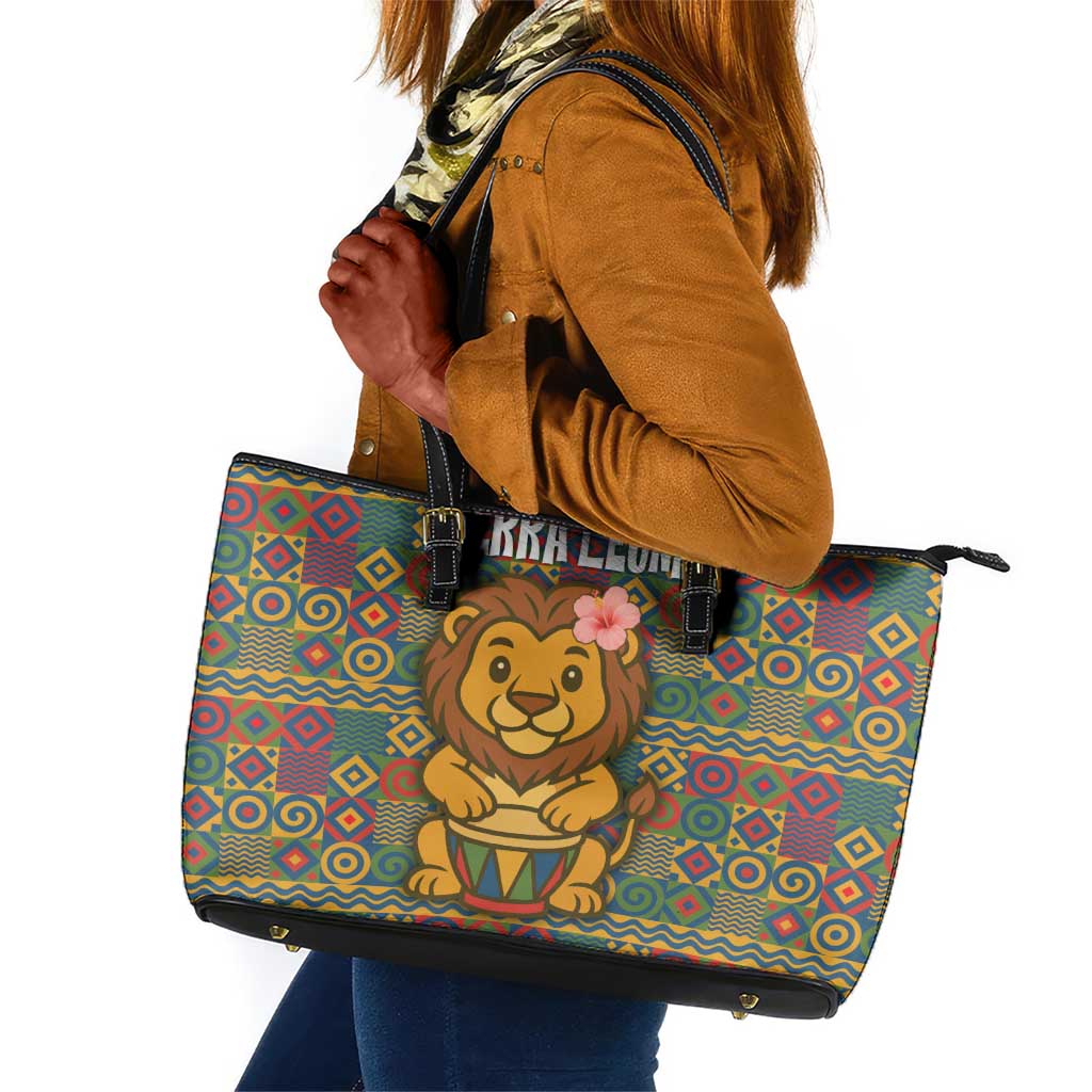 Sierra Leone Leather Tote Bag - Cute Lion Playing Djembe Drum and Tribal Pattern Design