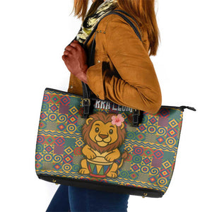 Sierra Leone Leather Tote Bag - Cute Lion Playing Djembe Drum and Tribal Pattern Design