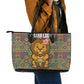 Sierra Leone Leather Tote Bag - Cute Lion Playing Djembe Drum and Tribal Pattern Design