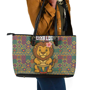 Sierra Leone Leather Tote Bag - Cute Lion Playing Djembe Drum and Tribal Pattern Design