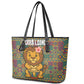 Sierra Leone Leather Tote Bag - Cute Lion Playing Djembe Drum and Tribal Pattern Design