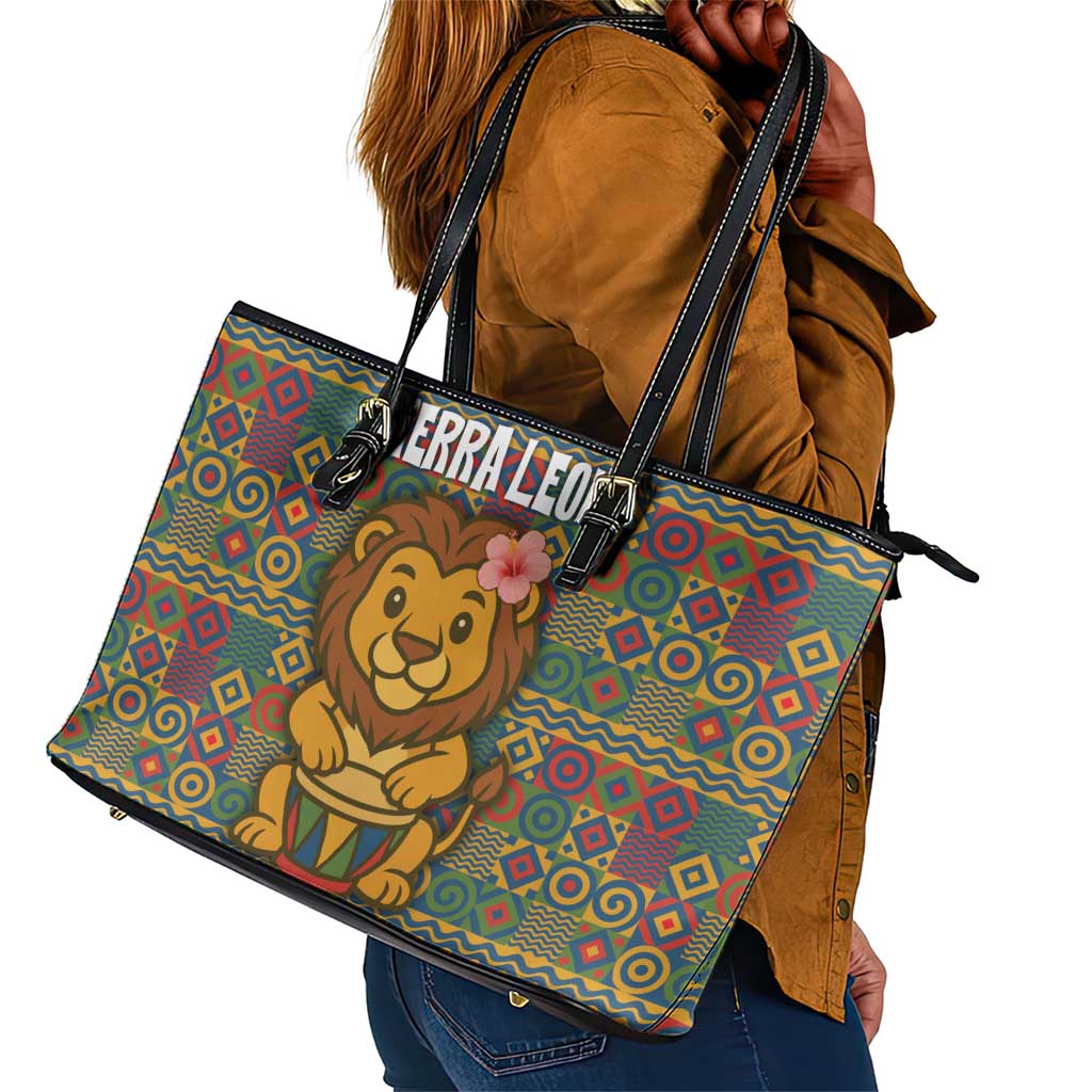 Sierra Leone Leather Tote Bag - Cute Lion Playing Djembe Drum and Tribal Pattern Design