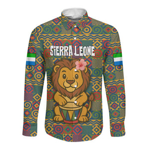 Sierra Leone Long Sleeve Button Shirt - Cute Lion Playing Djembe Drum and Tribal Pattern Design