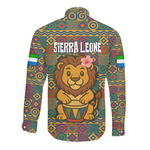 Sierra Leone Long Sleeve Button Shirt - Cute Lion Playing Djembe Drum and Tribal Pattern Design