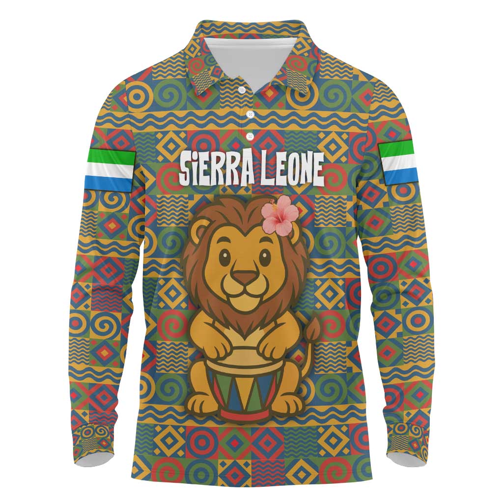 Sierra Leone Long Sleeve Polo Shirt - Cute Lion Playing Djembe Drum and Tribal Pattern Design