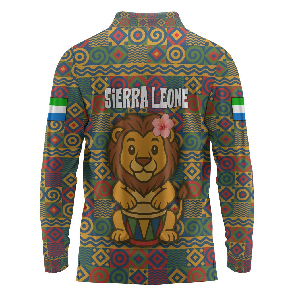 Sierra Leone Long Sleeve Polo Shirt - Cute Lion Playing Djembe Drum and Tribal Pattern Design