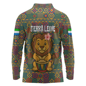 Sierra Leone Long Sleeve Polo Shirt - Cute Lion Playing Djembe Drum and Tribal Pattern Design