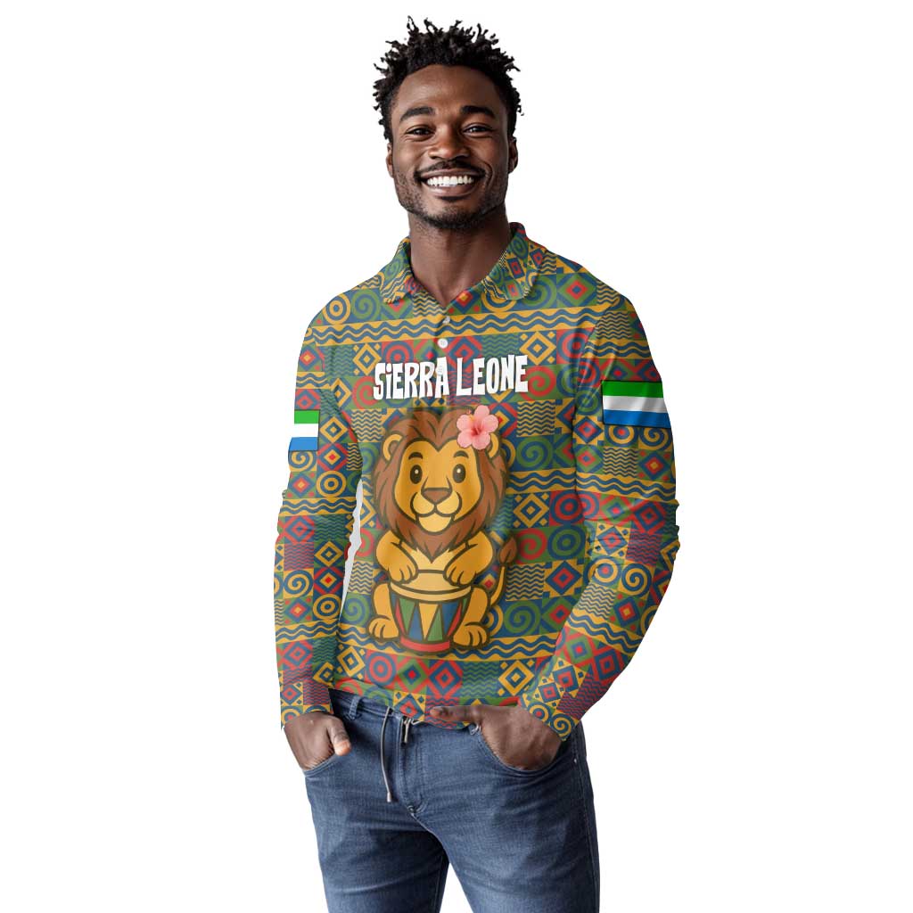 Sierra Leone Long Sleeve Polo Shirt - Cute Lion Playing Djembe Drum and Tribal Pattern Design