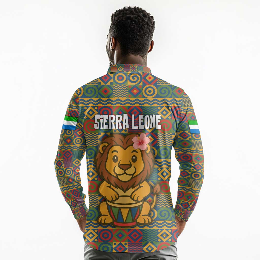 Sierra Leone Long Sleeve Polo Shirt - Cute Lion Playing Djembe Drum and Tribal Pattern Design