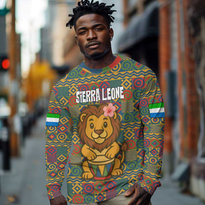 Sierra Leone Long Sleeve Shirt - Cute Lion Playing Djembe Drum and Tribal Pattern Design