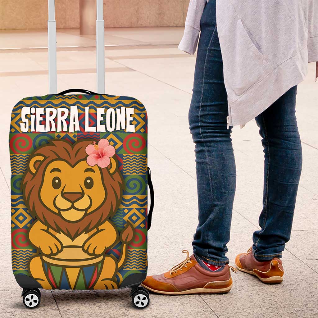 Sierra Leone Luggage Cover - Cute Lion Playing Djembe Drum and Tribal Pattern Design