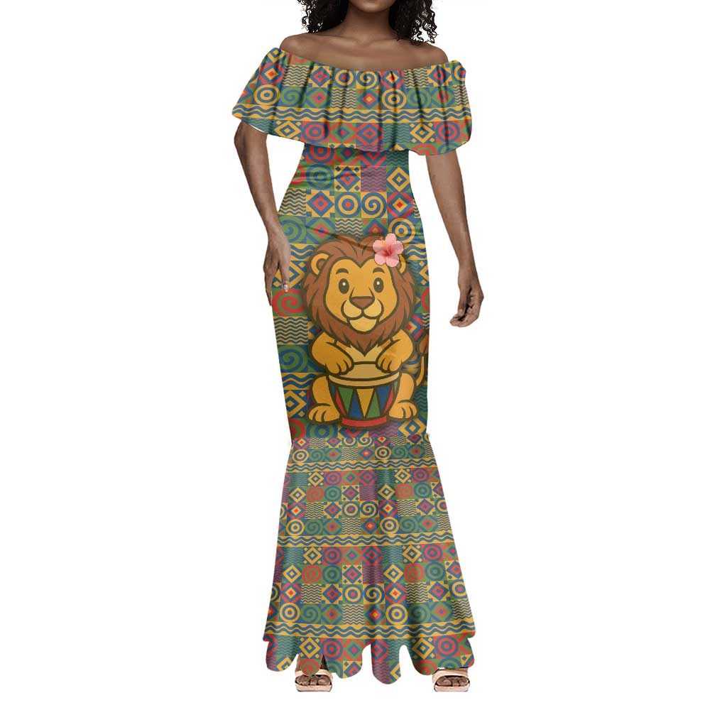 Sierra Leone Mermaid Dress - Cute Lion Playing Djembe Drum and Tribal Pattern Design