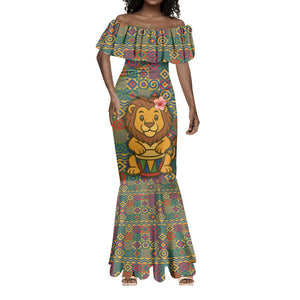 Sierra Leone Mermaid Dress - Cute Lion Playing Djembe Drum and Tribal Pattern Design