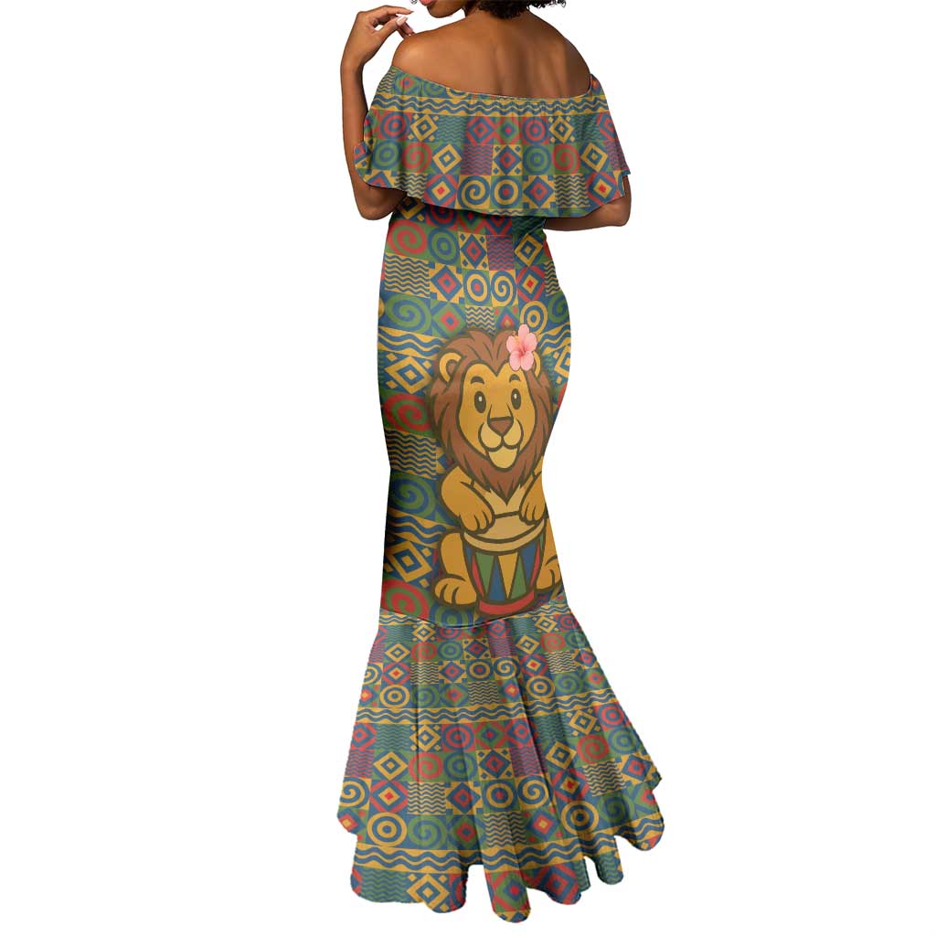 Sierra Leone Mermaid Dress - Cute Lion Playing Djembe Drum and Tribal Pattern Design
