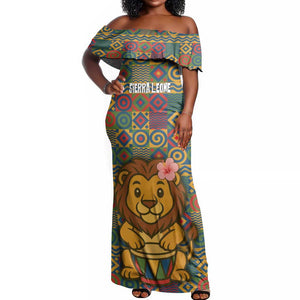 Sierra Leone Off Shoulder Maxi Dress - Cute Lion Playing Djembe Drum and Tribal Pattern Design