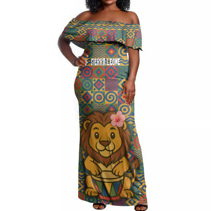 Sierra Leone Off Shoulder Maxi Dress - Cute Lion Playing Djembe Drum and Tribal Pattern Design