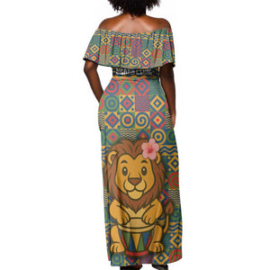Sierra Leone Off Shoulder Maxi Dress - Cute Lion Playing Djembe Drum and Tribal Pattern Design