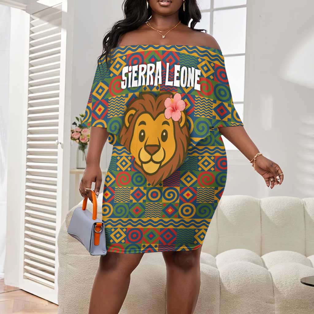 Sierra Leone Off Shoulder Short Dress - Cute Lion Playing Djembe Drum and Tribal Pattern Design
