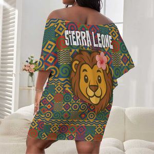 Sierra Leone Off Shoulder Short Dress - Cute Lion Playing Djembe Drum and Tribal Pattern Design