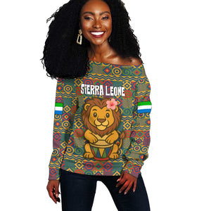 Sierra Leone Off Shoulder Sweater - Cute Lion Playing Djembe Drum and Tribal Pattern Design