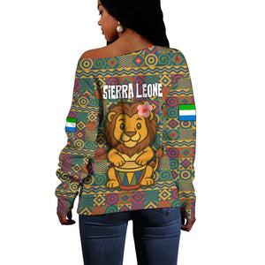 Sierra Leone Off Shoulder Sweater - Cute Lion Playing Djembe Drum and Tribal Pattern Design