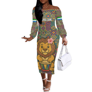 Sierra Leone Off The Shoulder Long Sleeve Dress - Cute Lion Playing Djembe Drum and Tribal Pattern Design