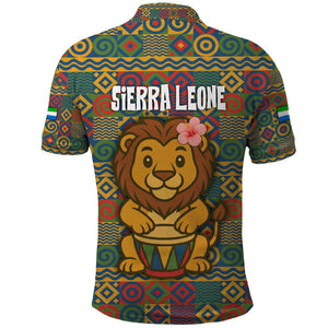 Sierra Leone Polo Shirt - Cute Lion Playing Djembe Drum and Tribal Pattern Design