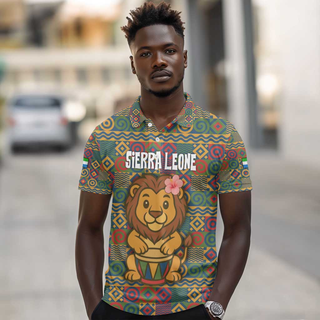 Sierra Leone Polo Shirt - Cute Lion Playing Djembe Drum and Tribal Pattern Design