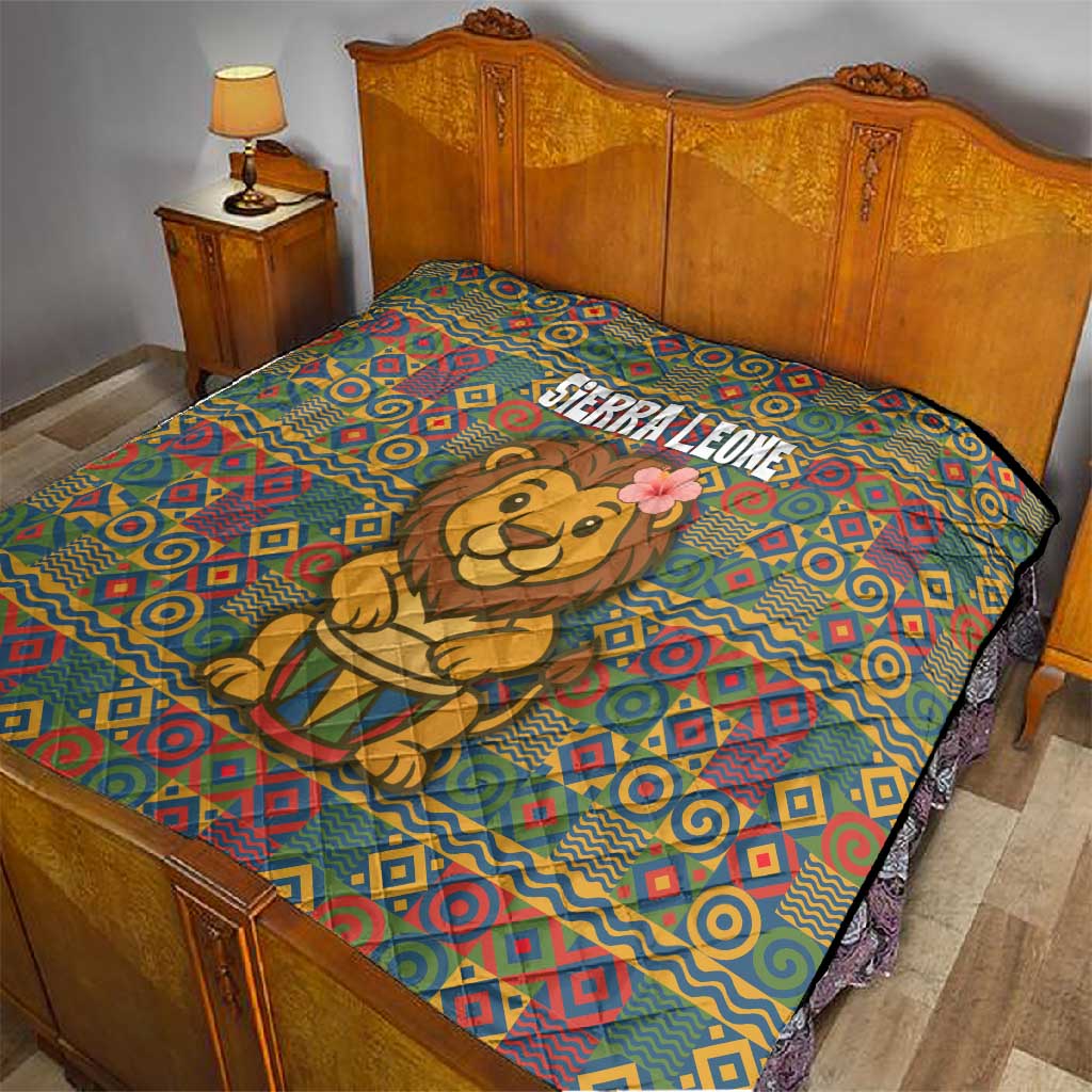 Sierra Leone Quilt - Cute Lion Playing Djembe Drum and Tribal Pattern Design