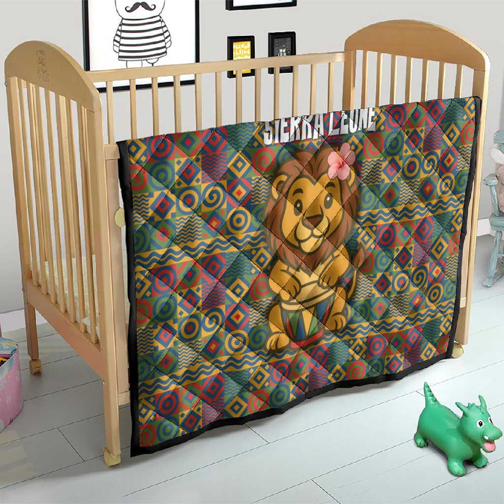 Sierra Leone Quilt - Cute Lion Playing Djembe Drum and Tribal Pattern Design