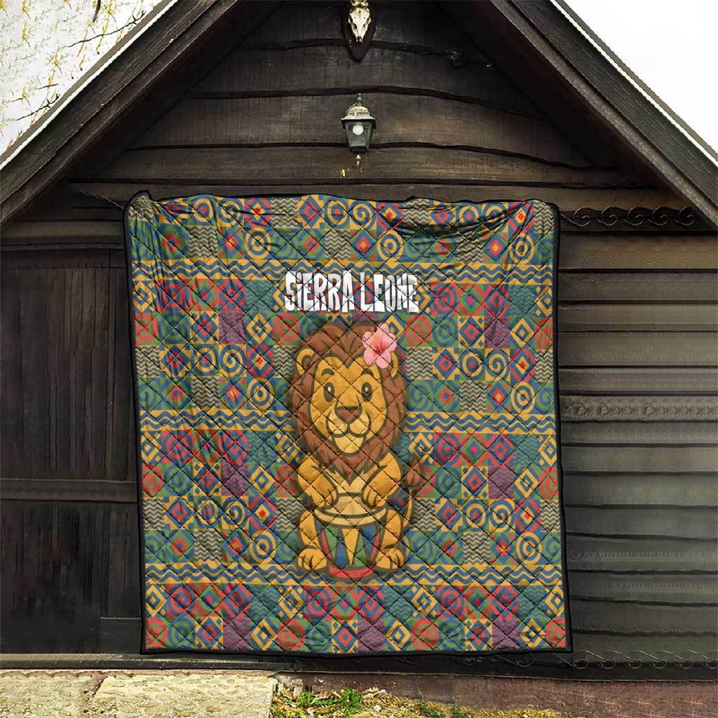 Sierra Leone Quilt - Cute Lion Playing Djembe Drum and Tribal Pattern Design