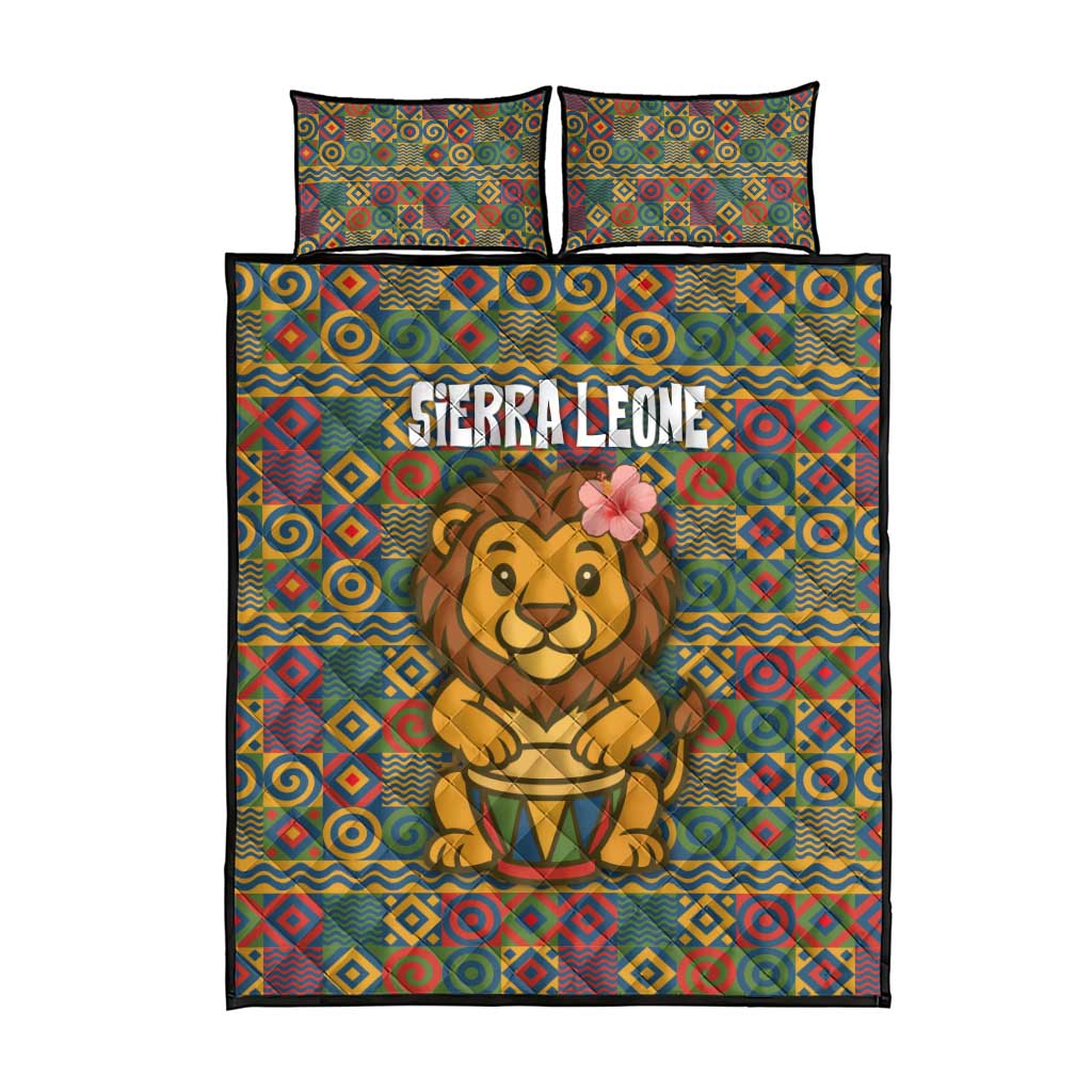 Sierra Leone Quilt Bed Set - Cute Lion Playing Djembe Drum and Tribal Pattern Design