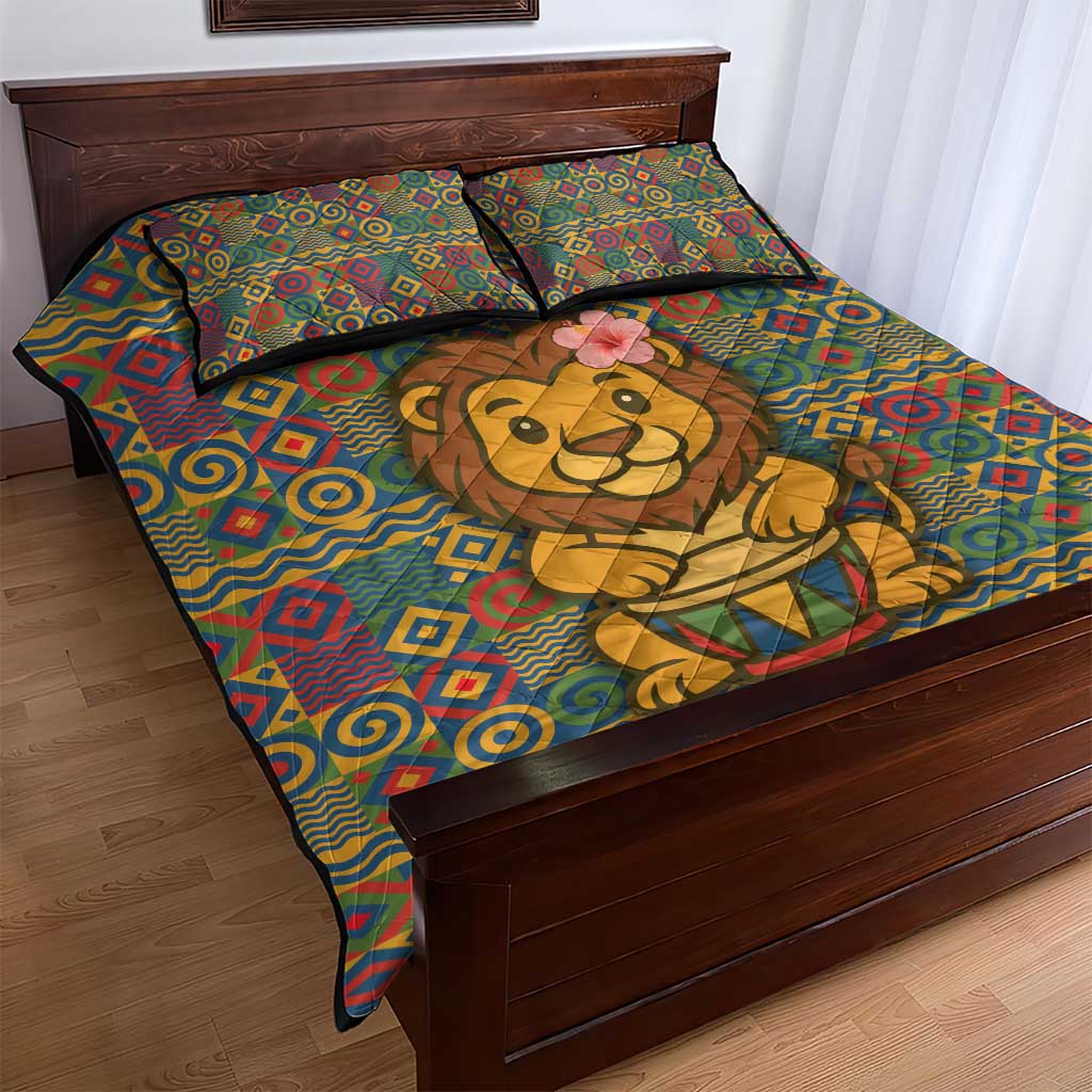 Sierra Leone Quilt Bed Set - Cute Lion Playing Djembe Drum and Tribal Pattern Design