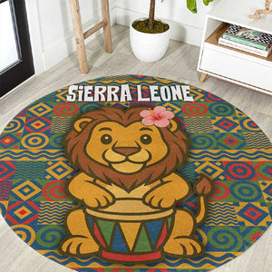 Sierra Leone Round Carpet - Cute Lion Playing Djembe Drum and Tribal Pattern Design