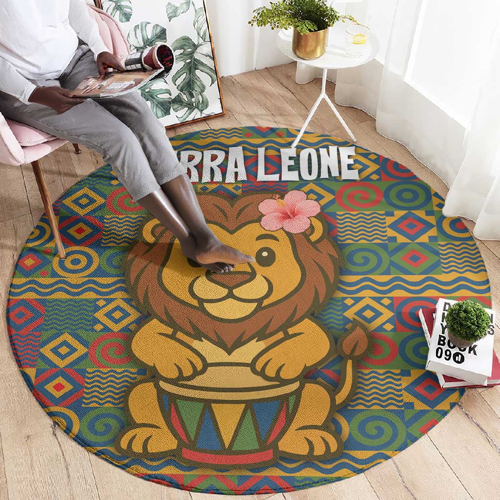 Sierra Leone Round Carpet - Cute Lion Playing Djembe Drum and Tribal Pattern Design
