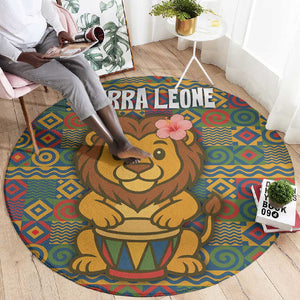 Sierra Leone Round Carpet - Cute Lion Playing Djembe Drum and Tribal Pattern Design
