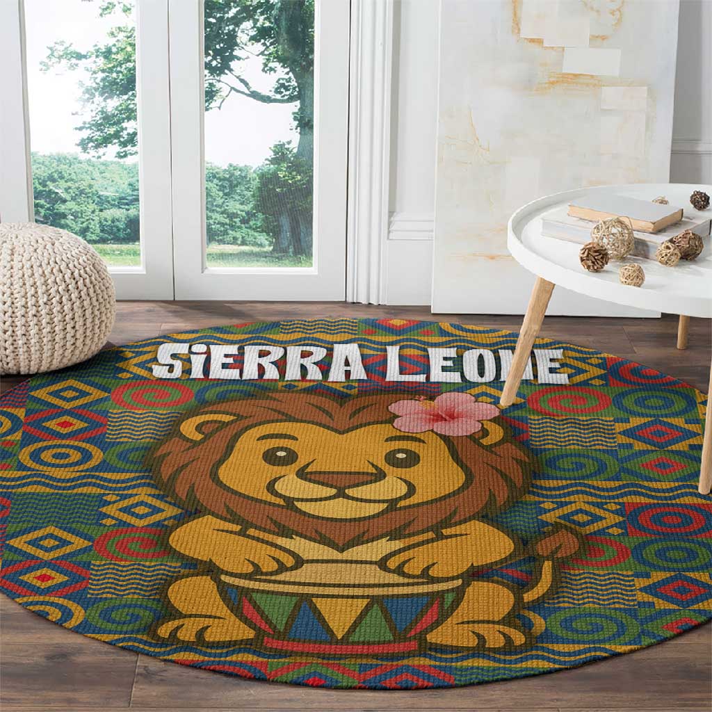 Sierra Leone Round Carpet - Cute Lion Playing Djembe Drum and Tribal Pattern Design