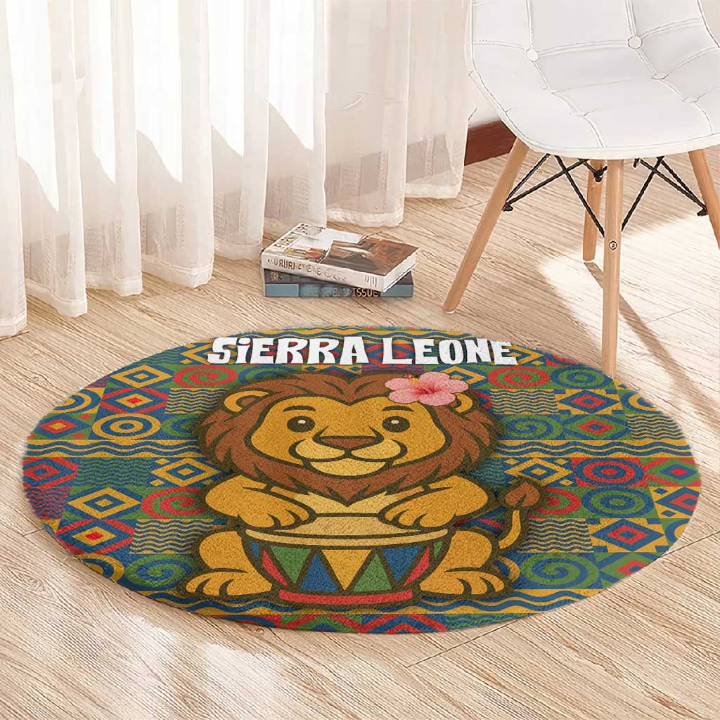 Sierra Leone Round Carpet - Cute Lion Playing Djembe Drum and Tribal Pattern Design