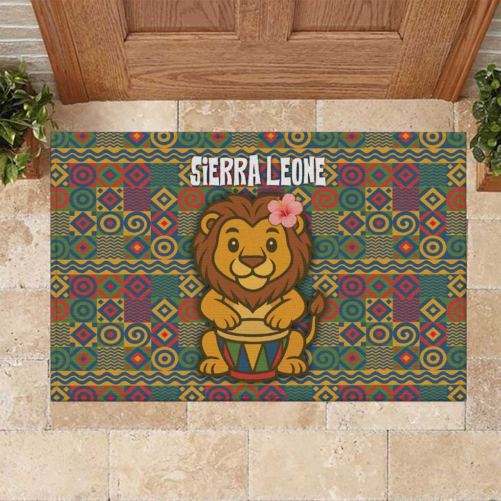 Sierra Leone Rubber Doormat - Cute Lion Playing Djembe Drum and Tribal Pattern Design