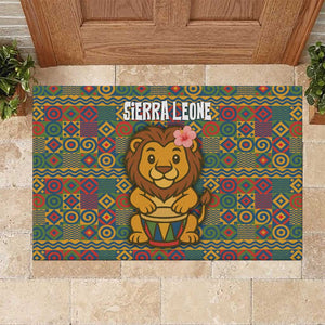 Sierra Leone Rubber Doormat - Cute Lion Playing Djembe Drum and Tribal Pattern Design