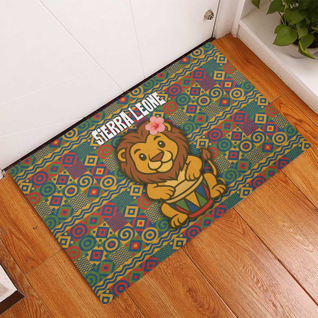 Sierra Leone Rubber Doormat - Cute Lion Playing Djembe Drum and Tribal Pattern Design