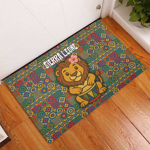 Sierra Leone Rubber Doormat - Cute Lion Playing Djembe Drum and Tribal Pattern Design