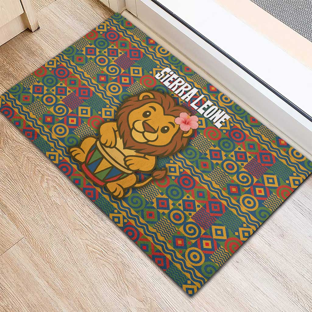 Sierra Leone Rubber Doormat - Cute Lion Playing Djembe Drum and Tribal Pattern Design
