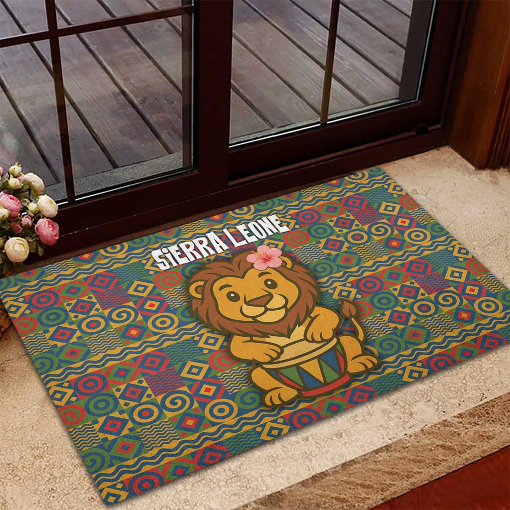 Sierra Leone Rubber Doormat - Cute Lion Playing Djembe Drum and Tribal Pattern Design