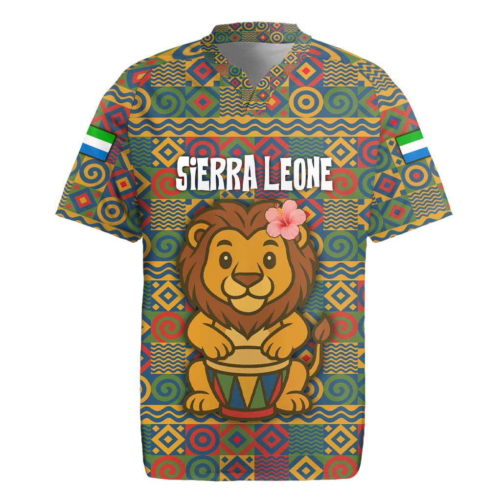 Sierra Leone Rugby Jersey - Cute Lion Playing Djembe Drum and Tribal Pattern Design