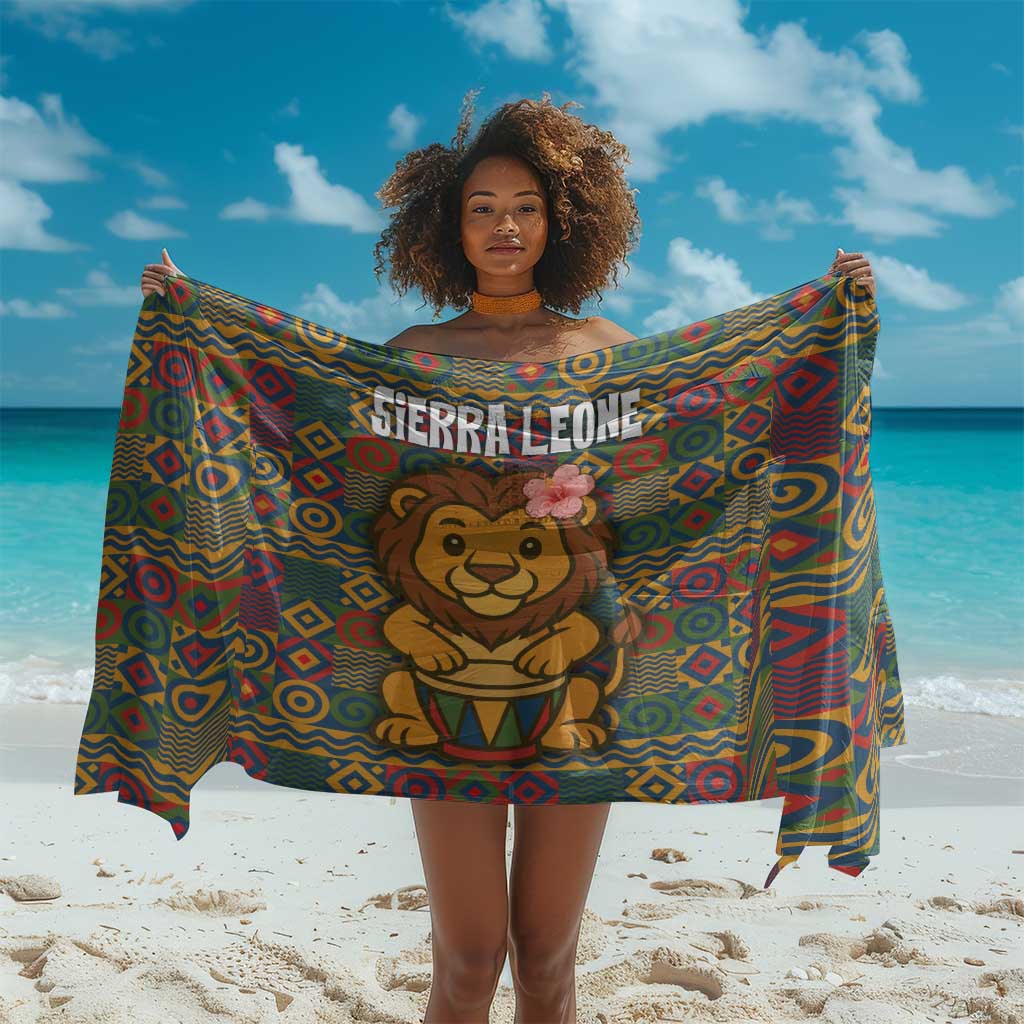 Sierra Leone Sarong - Cute Lion Playing Djembe Drum and Tribal Pattern Design