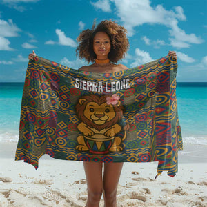 Sierra Leone Sarong - Cute Lion Playing Djembe Drum and Tribal Pattern Design