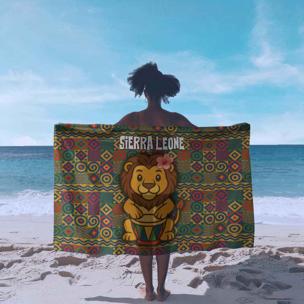 Sierra Leone Sarong - Cute Lion Playing Djembe Drum and Tribal Pattern Design