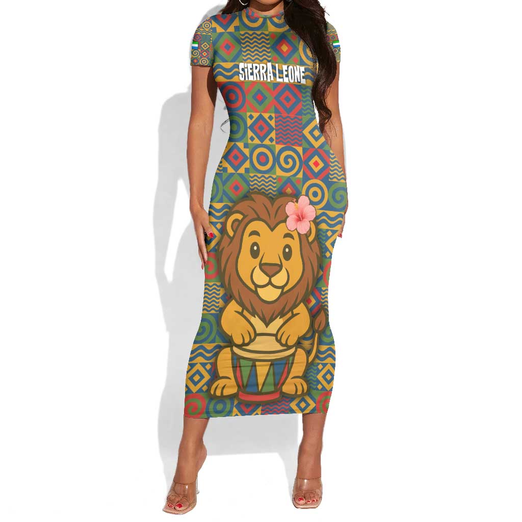 Sierra Leone Short Sleeve Bodycon Dress - Cute Lion Playing Djembe Drum and Tribal Pattern Design
