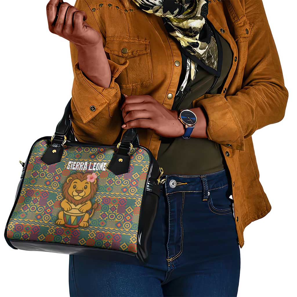 Sierra Leone Shoulder Handbag - Cute Lion Playing Djembe Drum and Tribal Pattern Design